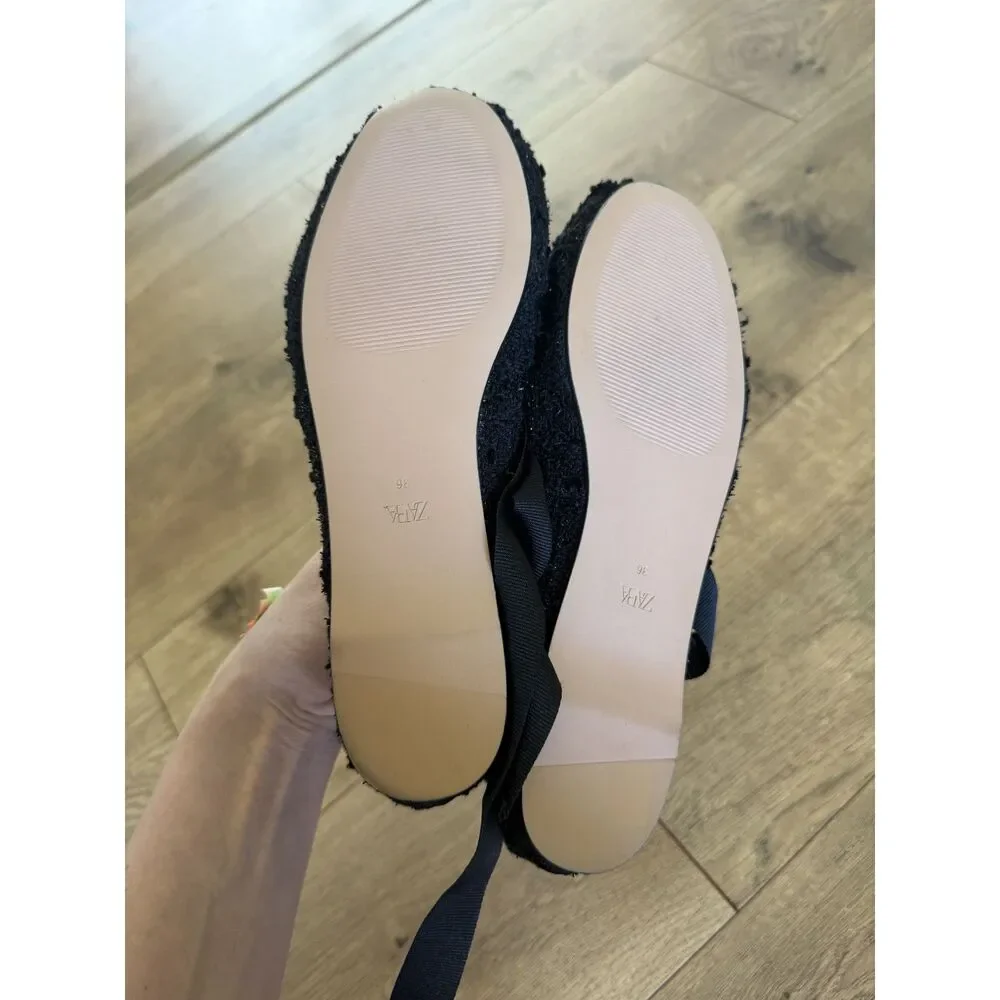 ZARA 36 nwot womens black ballet flat slipper lace ankle tie shoe tweed ribbon